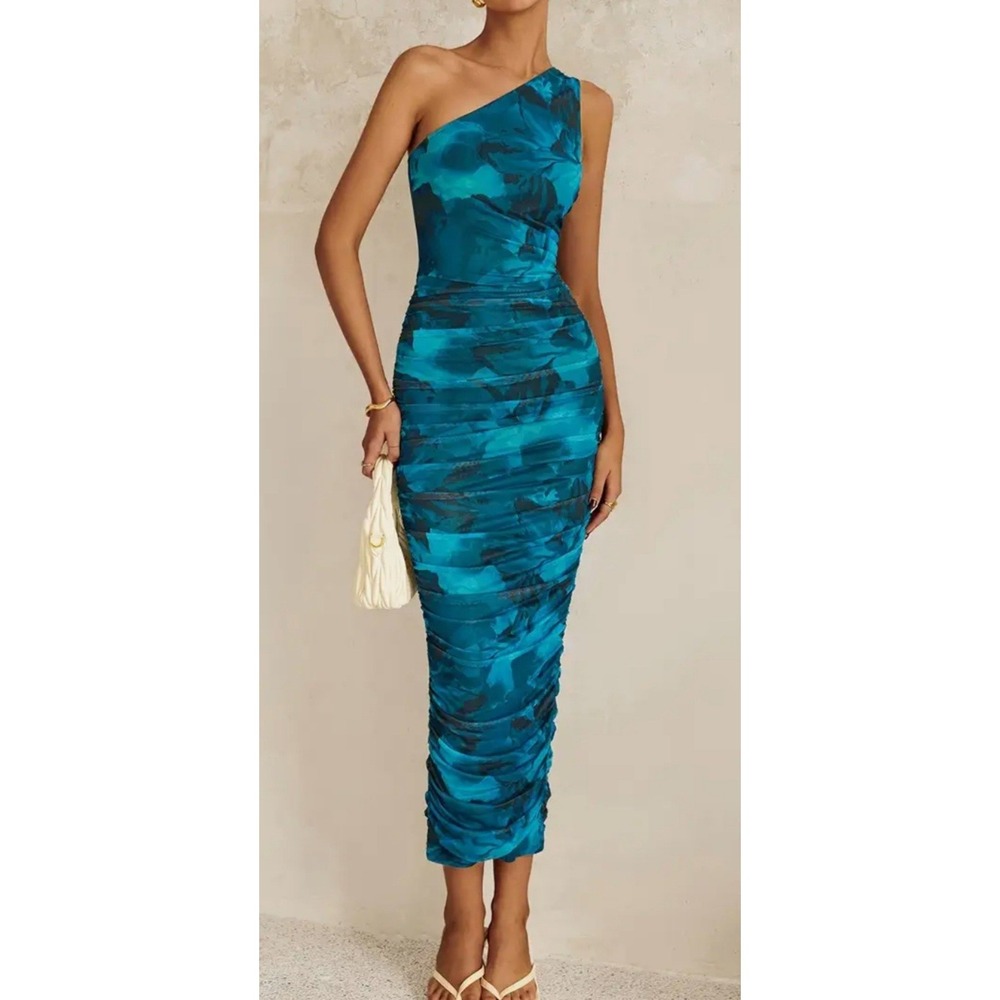 NWT‎ PrettyGarden One Shoulder Midi Dress Womens M Teal Blue Floral Ruched
